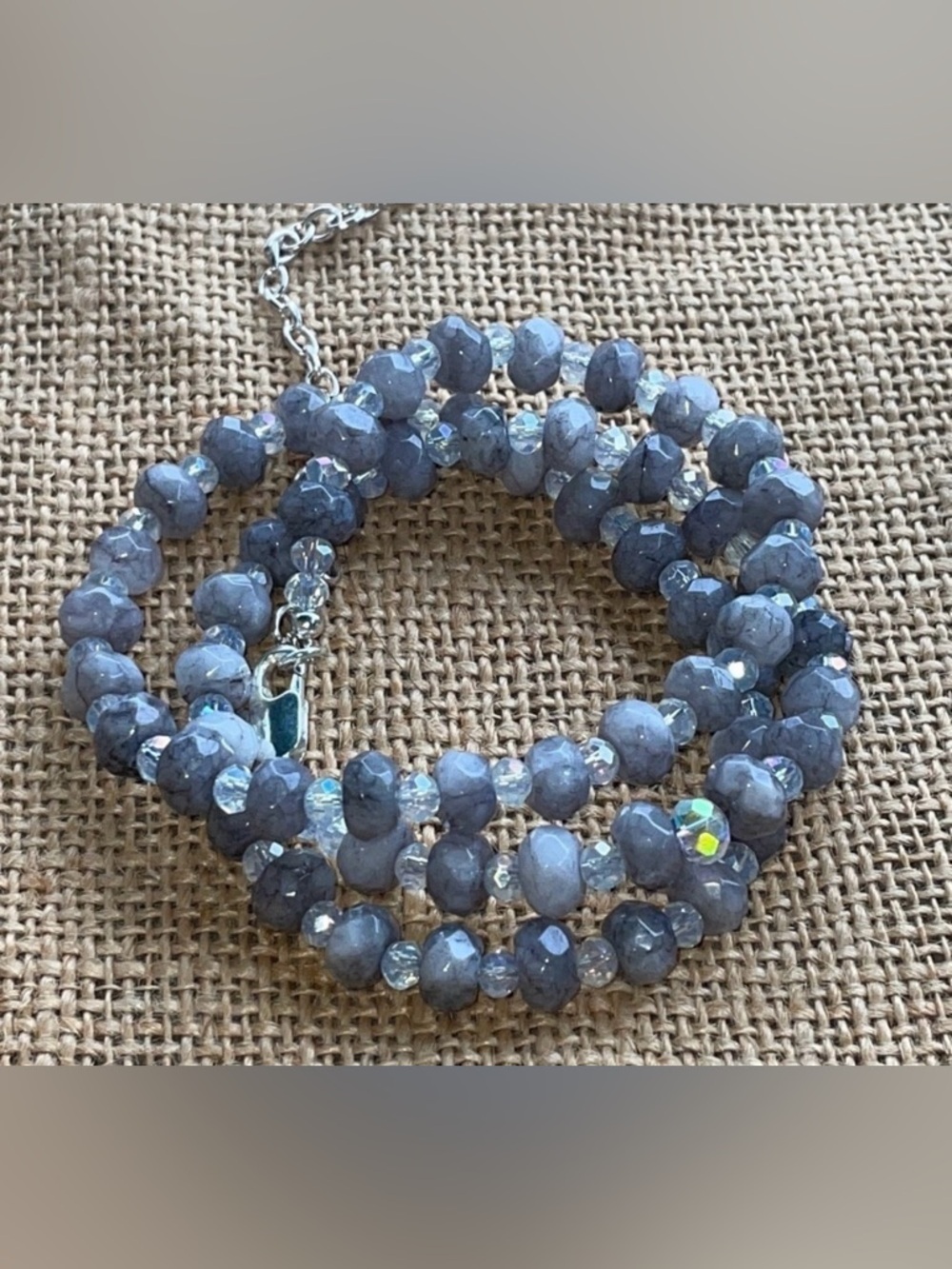 Gray chalcedony Stone With Crystal spacers Necklace  New